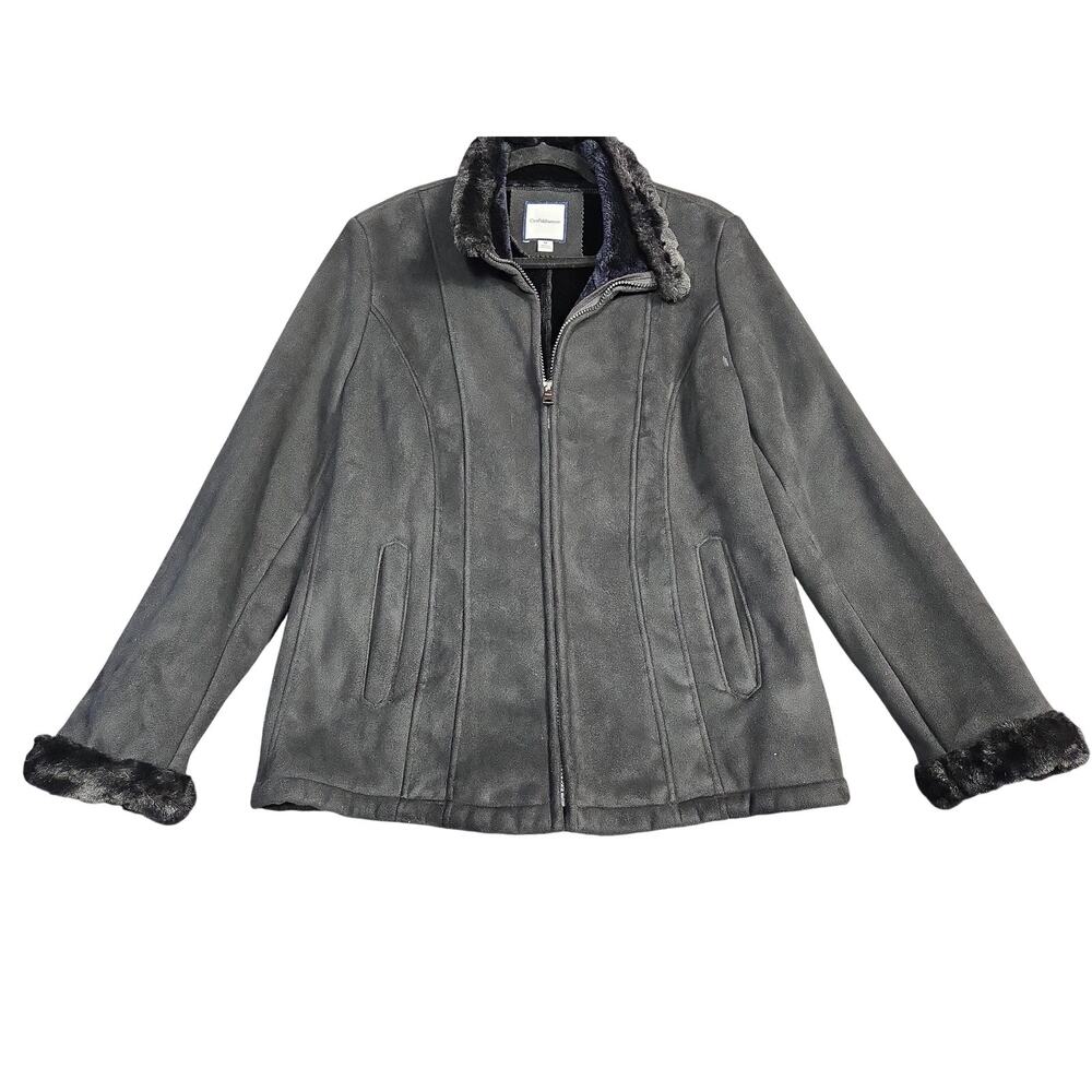 Croft & Barrow Jacket Womens Medium Black Faux Fur Lined Microfiber Zip Coat